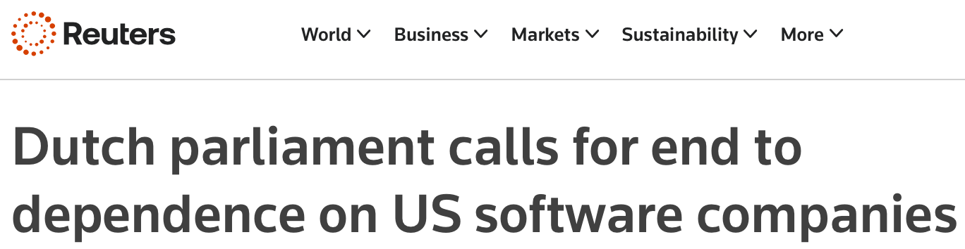 Reuters: Dutch parliament calls for end to dependence on US software companies